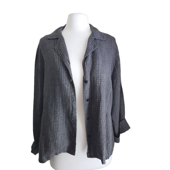 Flax Jackets & Blazers - FLAX 100% Linen Jacket Check Plaid Women's Large Shirt Brown Lagenlook Relaxed‎